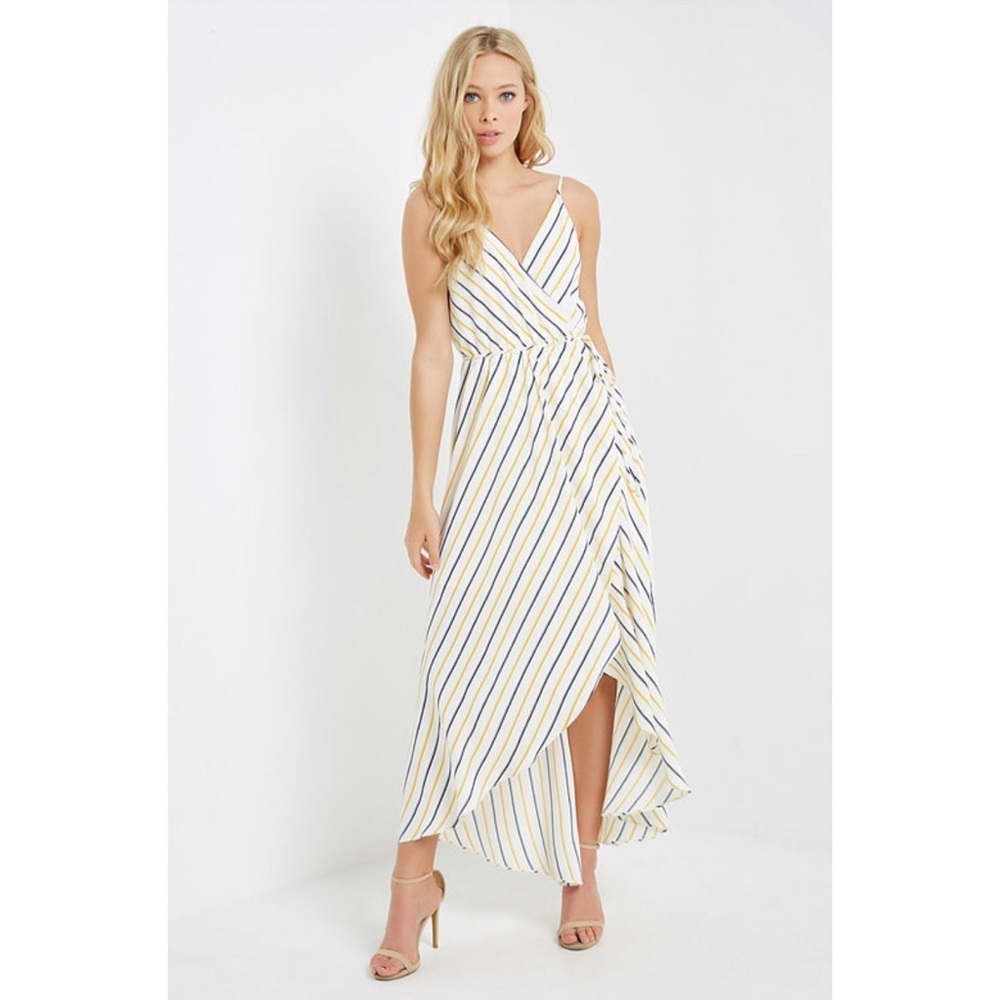 White with Blue & Mustard Stripes Wrap Maxi Dress